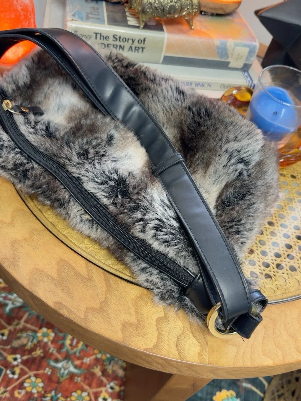 Bueno Faux Fur Hobo Shoulder Bag Y2K Gray Black Purse